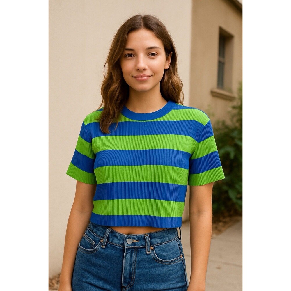 MNG Womens Sweater Ribbed Striped Short Sleeve  Pullover Green Blue Size Medium‎